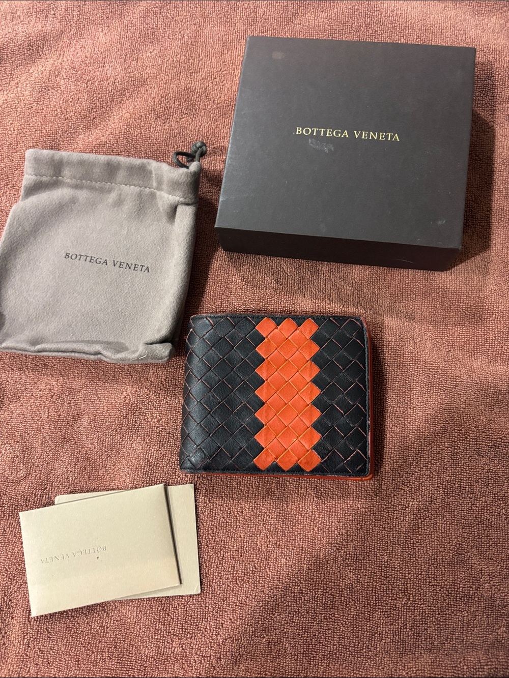 Bottega Veneta Black Leather Wallet with Orange Woven Stripe